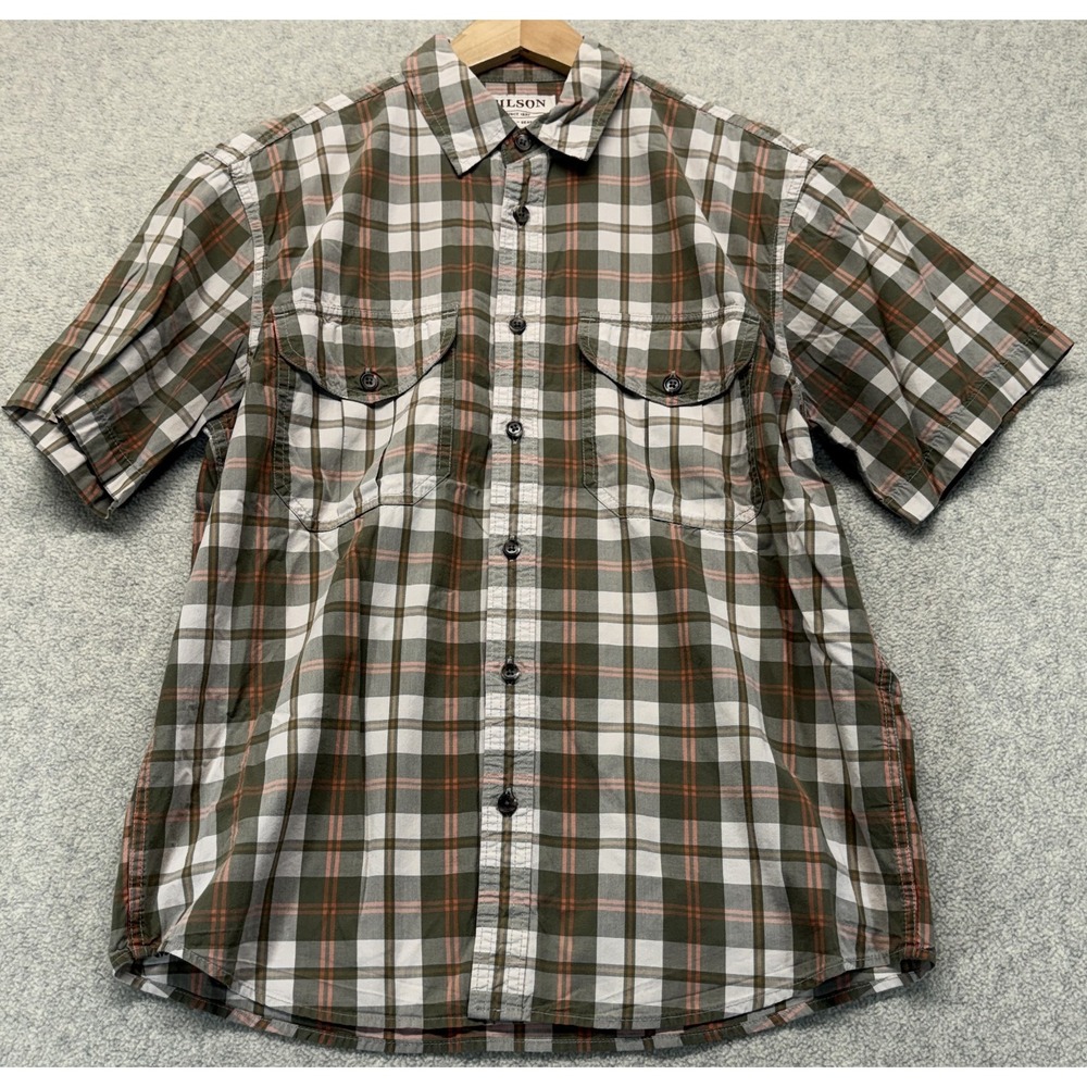 Filson Mens Feather Cloth Shirt Khaki Olive White Plaid Short Sleeve Button-Up S
